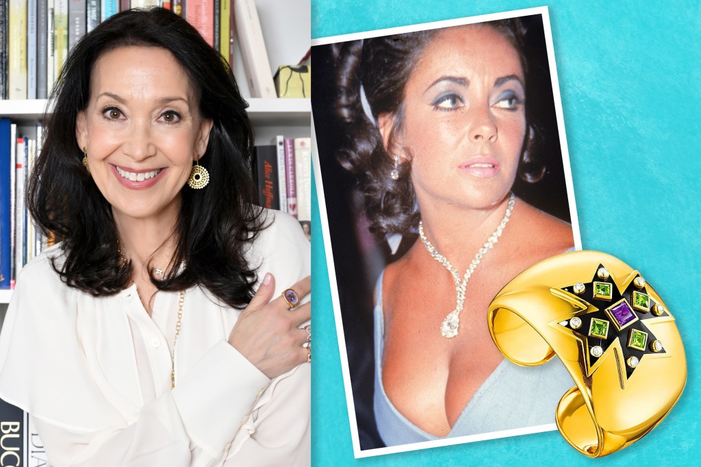 A collage of gemfluencer Jill Newman, Elizabeth Taylor and a Maltese Verdura Swar