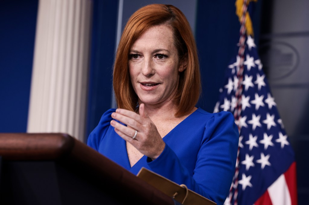 White House press secretary Jen Psaki gestures while she speaks at a press conference in the White House's James Brady press conference room on October 2021 in Washington, DC.
