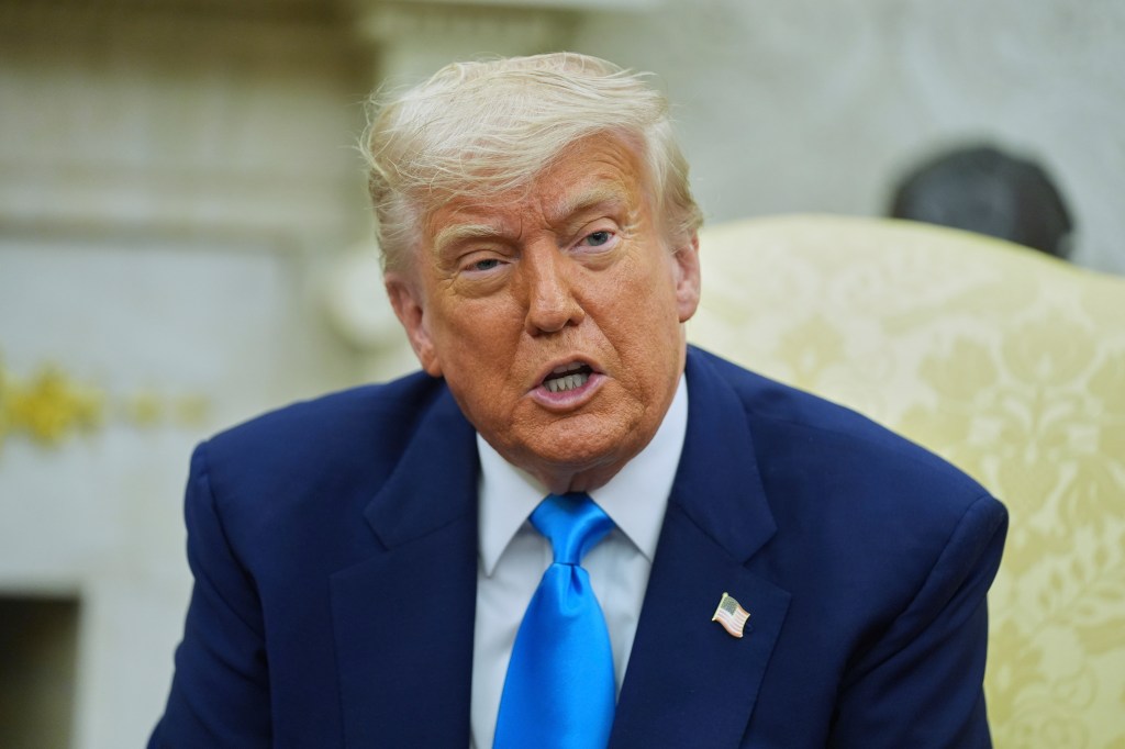 President Donald Trump speaking with South African President Cyril Ramaphosa at the White House Oval office on May 21, 2025